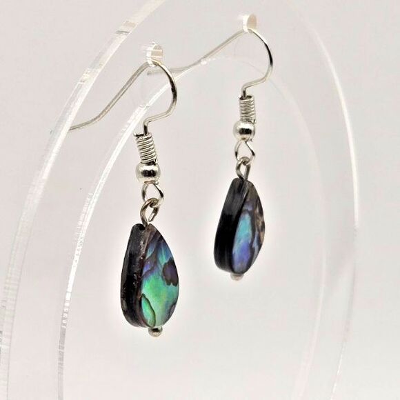 Dainty Abalone and Resin Teardrops on‎ Silver Tone Hooks Drop Dangle Earrings - Picture 3 of 7